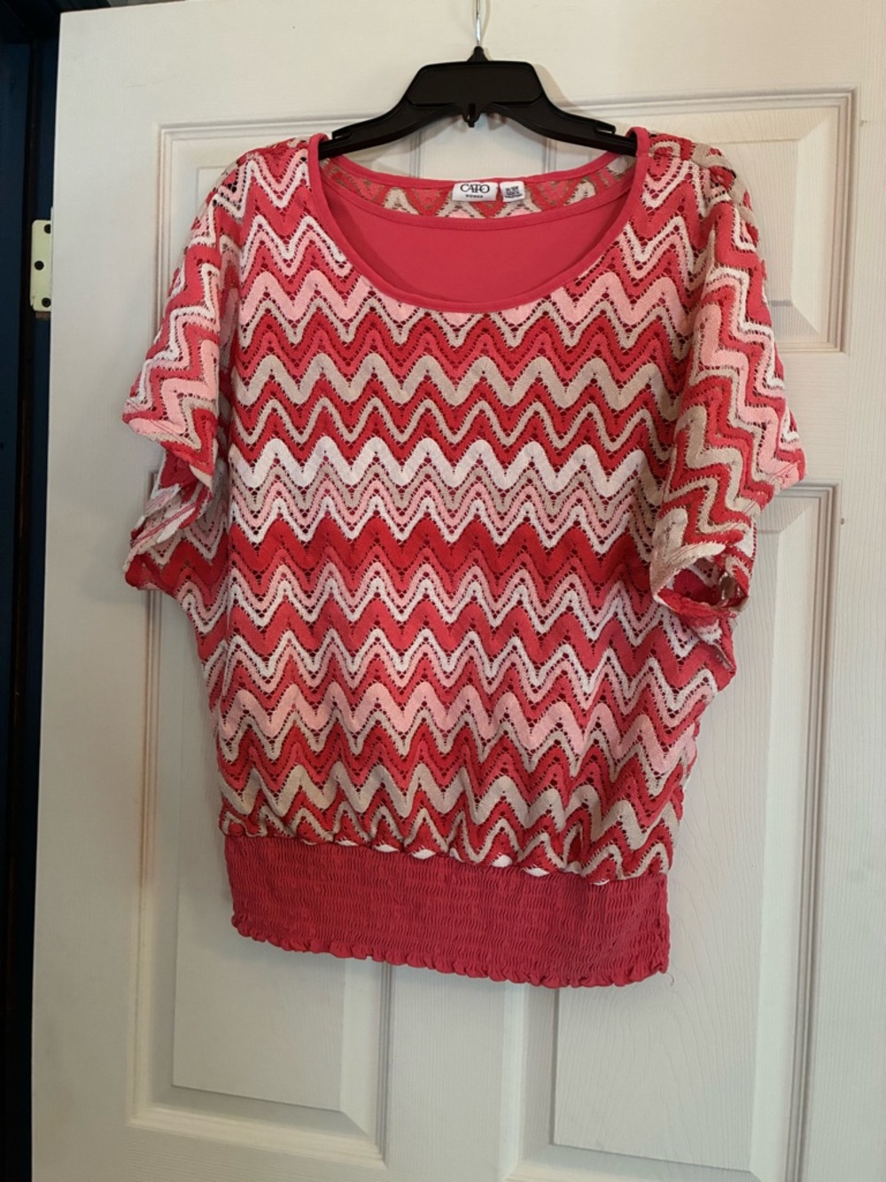 Cato Pink Chevron Eyelet Layered Short-Sleeve Top